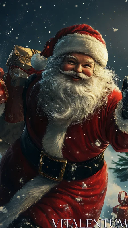 Joyful Santa carries Christmas gifts through falling snow