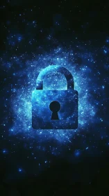 Cosmic data lock silhouette amid luminescent nebular particles.