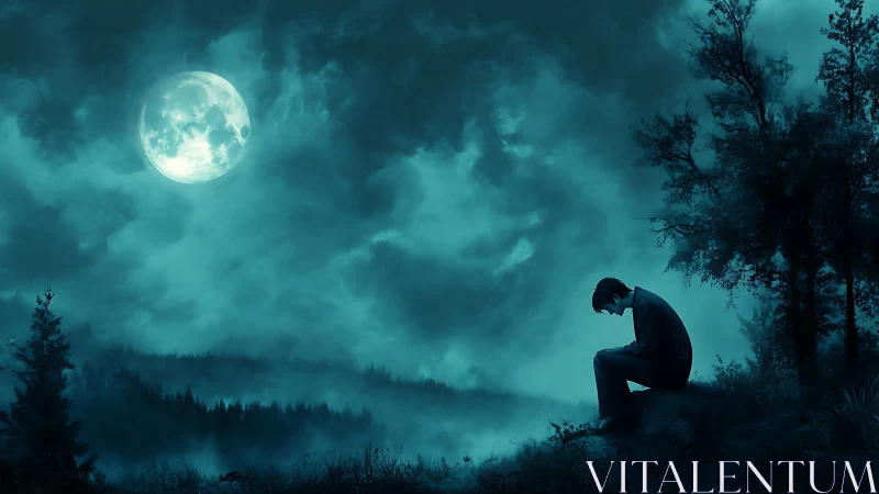 Figure sits on a forest hillside under a large full moon