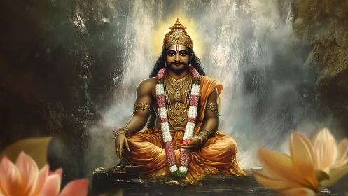 Seated crowned figure in golden robes before misty cliffs.