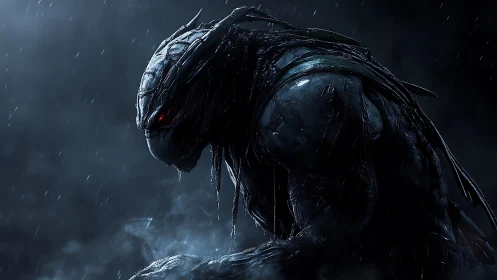 Brooding alien warrior under rain in cinematic blue gloom.