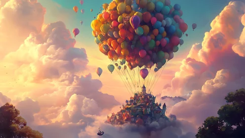 Floating sky village carried by multicolored balloons.
