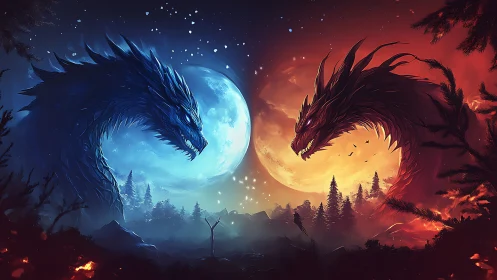 Twin elemental dragons confront under divided lunar sky