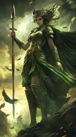 Stormlit warrior queen stands strong in emerald armor