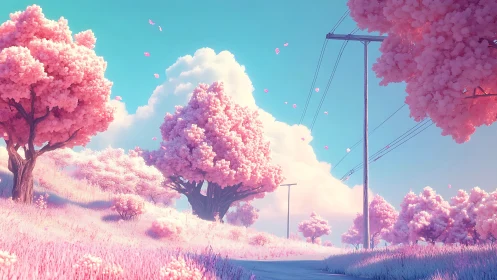 Dreamy pink cherry blossom road drifts into pastel skies