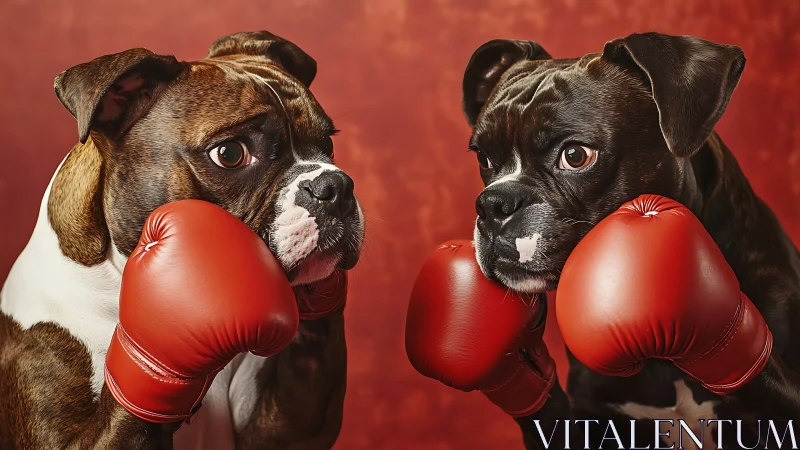 Two Boxing Canines Display Anthropomorphic Aggression in Vibrant Red Studio Setting