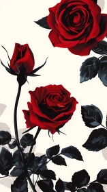 Red Roses with Dark Foliage Against White Background