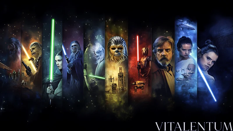 Digital painting montage of intergalactic heroes and starcraft.