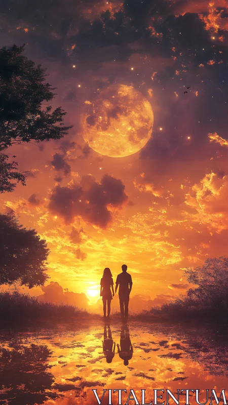 Silhouetted couple walks toward blazing sunset and moonlit sky