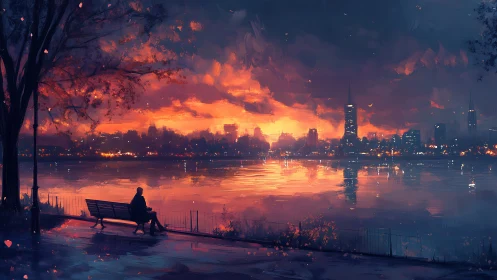 Solitary figure watching fiery sunset over glowing city