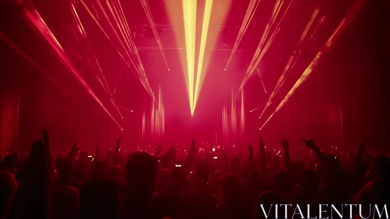 Red-saturated concert scene uses converging yellow beams and dense haze