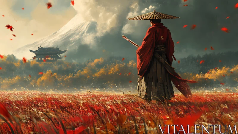 Lone samurai in red field before temple and mountain peak.