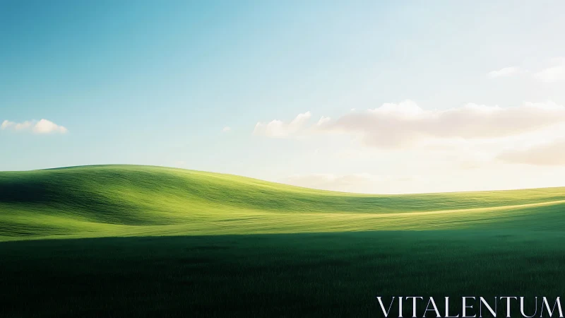 Sunlit green hills roll gently beneath a calm open sky