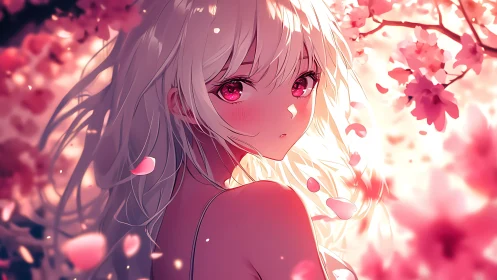 Blonde anime girl amid glowing cherry blossom petals.
