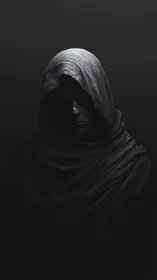 Shrouded hooded figure emerging from deep monochrome shadows.