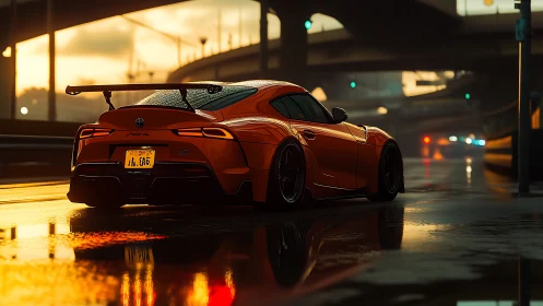 Orange sports car on wet city road at dusk in rain.