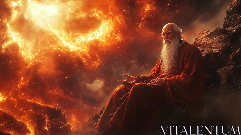 Elder sage rests calmly beside a swirling cosmic inferno