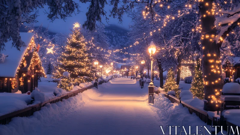Snowy village promenade glows with storybook holiday lights.