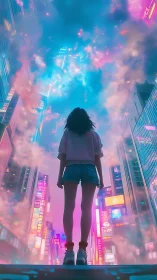 Neon city dreamscape surrounds a lone girl under cosmic sky.