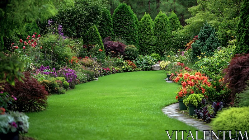 Lush backyard garden with manicured lawn and flowers.