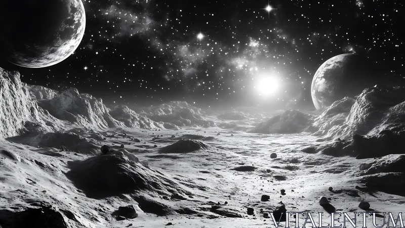 Monochrome rocky moon surface under distant planets and stars