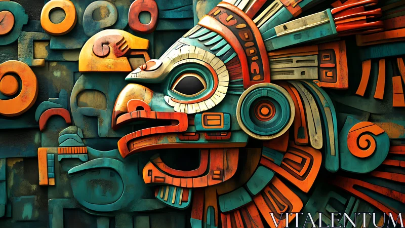 Vibrant Aztec-style bird relief glows with carved geometry