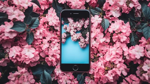 Black iPhone Surrounded by Pink Geranium Flowers