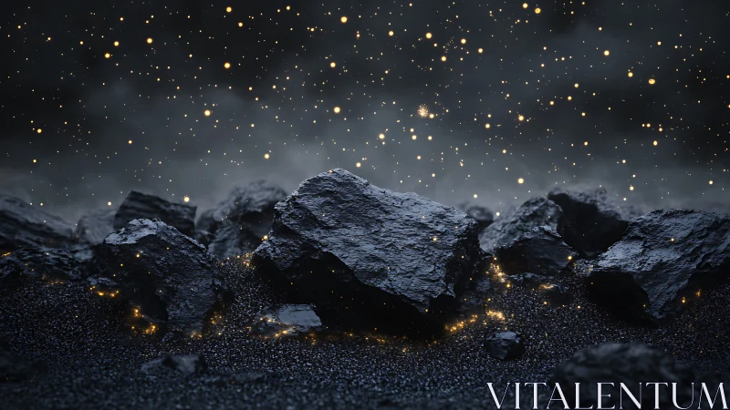 Dark rocky terrain with scattered glowing particles at night.