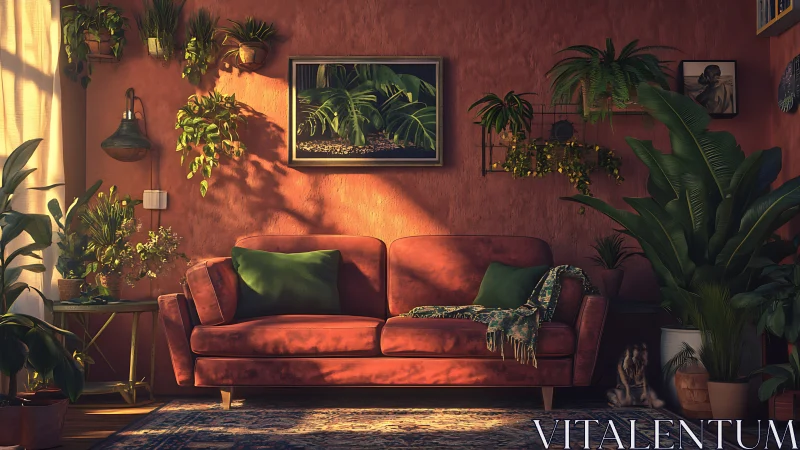 Cozy terracotta living room with plants and warm sunlight.