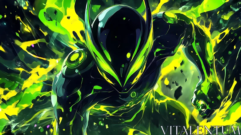 Neon-charged cyber hero erupting from electric chaos.