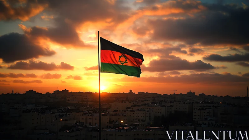 Tricolor city flag silhouette against radiant urban sunset.