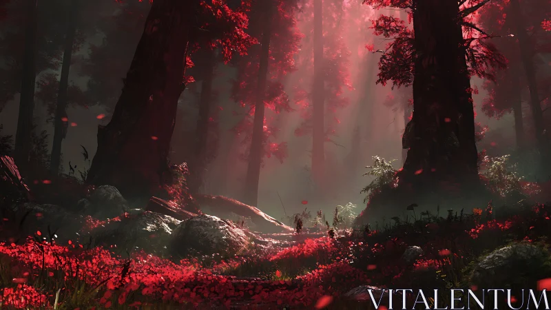 Volumetric crimson forest with cinematic god rays and bloom.