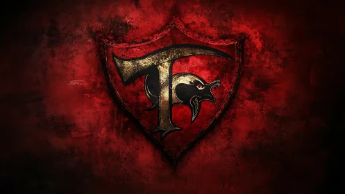 Metallic crest with stylized bird emblem on textured red field