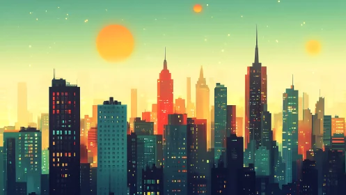 Color saturated futuristic city skyline under glowing suns