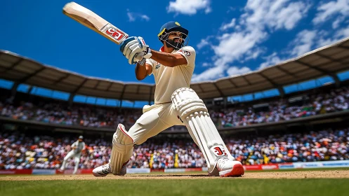 Cricket slayer in sunlit whites carving a thunderous drive.