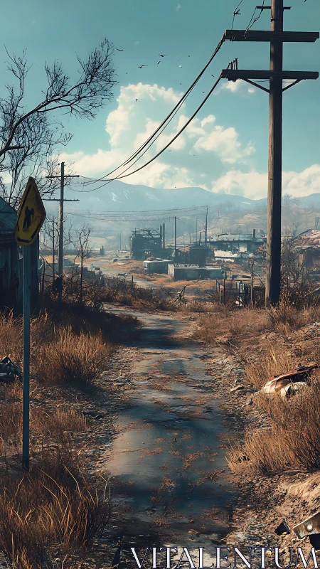 Postwar rural road leading toward derelict industrial complex.