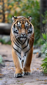 Majestic tiger strides down a forest path in quiet focus