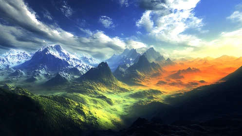 Dreamlit mountains where emerald valleys meet fire skies.