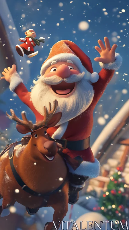 Stylized 3D Santa riding reindeer amid dynamic snowfall lighting