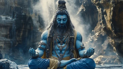 Hyperreal blue-skinned ascetic deity in meditative lotus pose