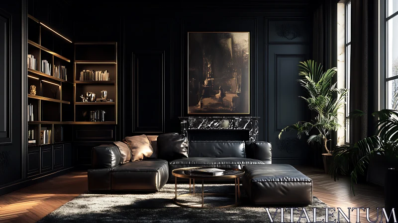 Dark luxury living room showcases leather sofa and library