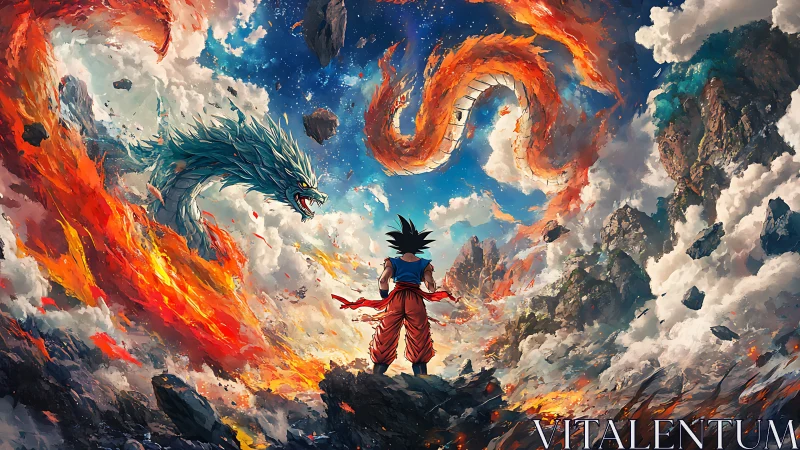 Warrior facing twin elemental dragons in shattered sky.