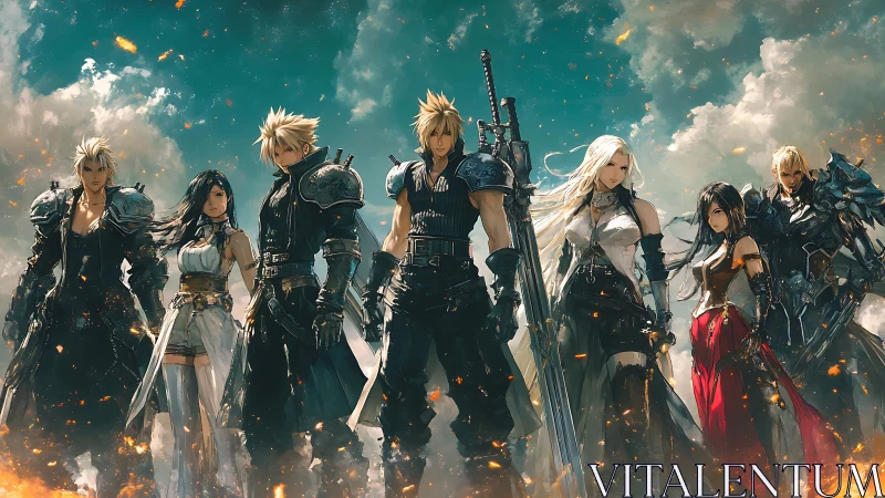 Heroic fantasy warriors gather beneath a stormy sky.