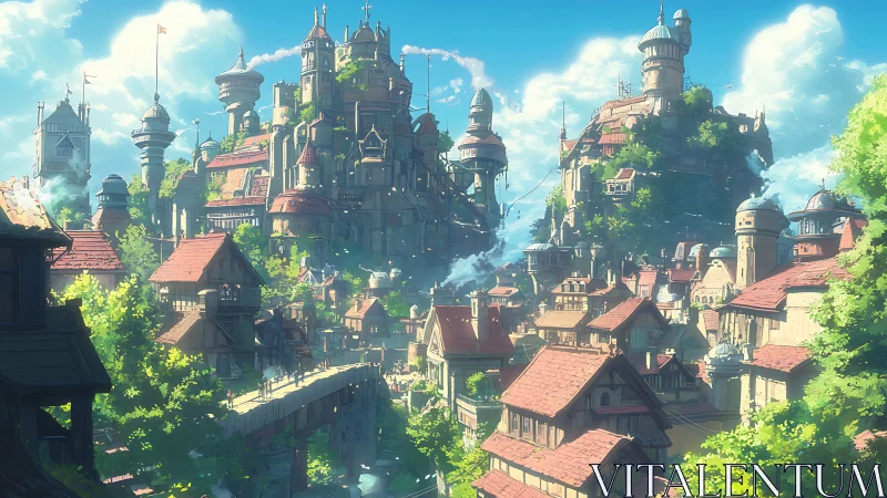 Elevated fantasy cityscape with tiered towers and red roofs.