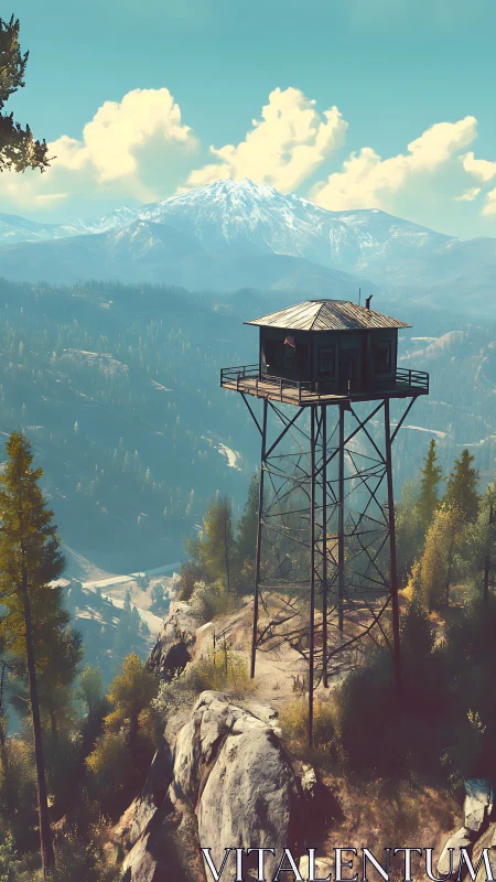 Fire lookout tower above sunlit alpine valley landscape.