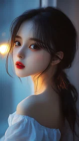 Soft-lit anime portrait captures wistful evening gaze.