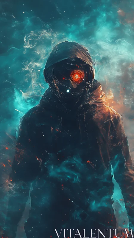 Hooded cybernetic sentinel in teal-orange nebular vapor field