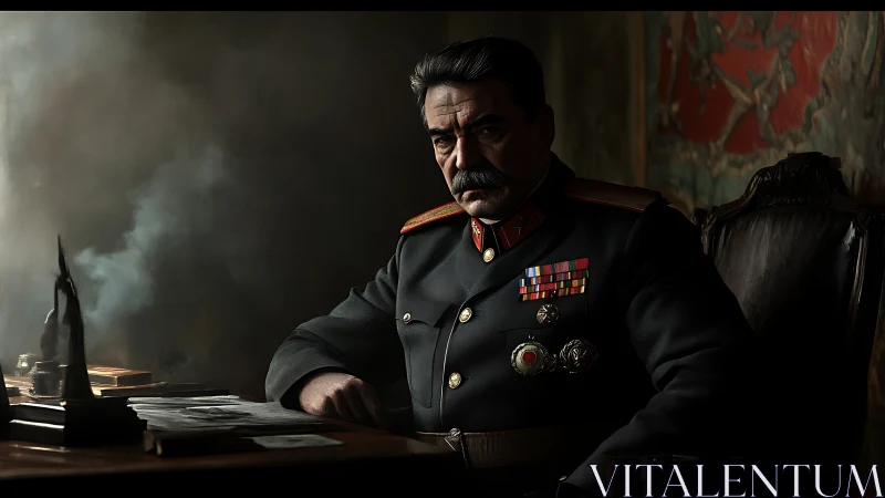 Brooding military commander in smoke veiled war room portrait.