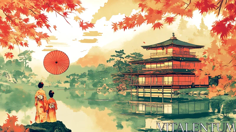 Autumn kimono figures by lakeside Kyoto pavilion at dusk.