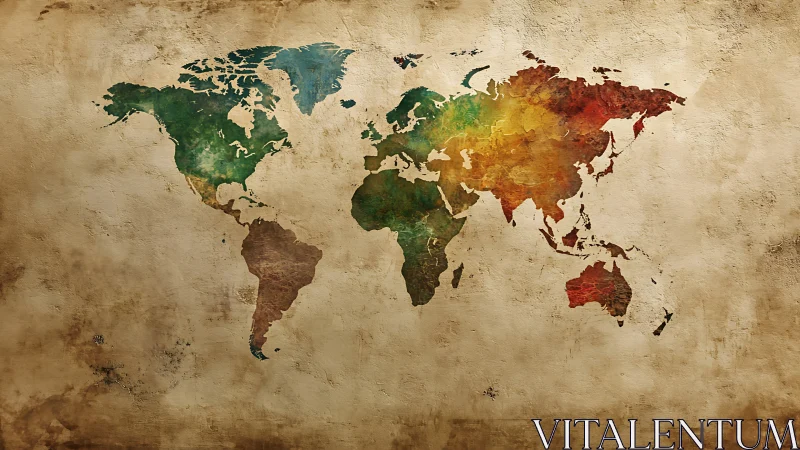 Color-washed world map glows gently on a vintage wall